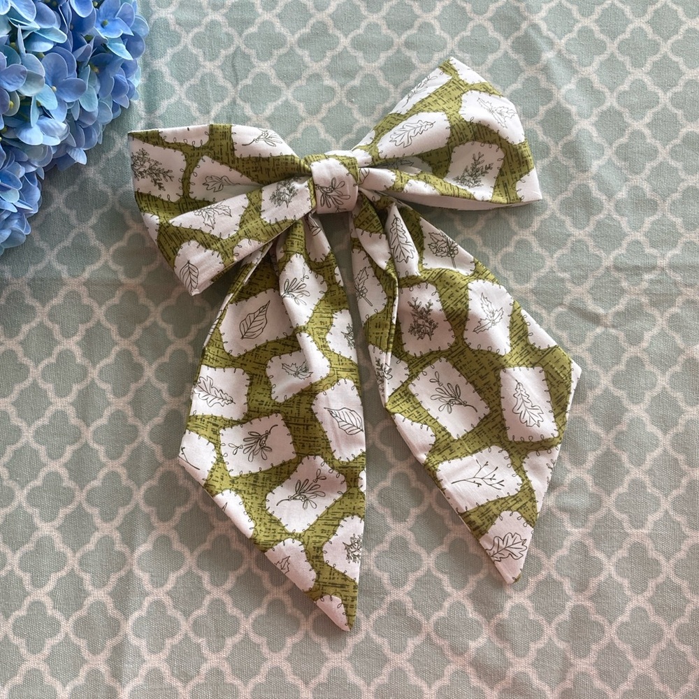 Handmade Fabric Green Leaf Print Bow for Wreath